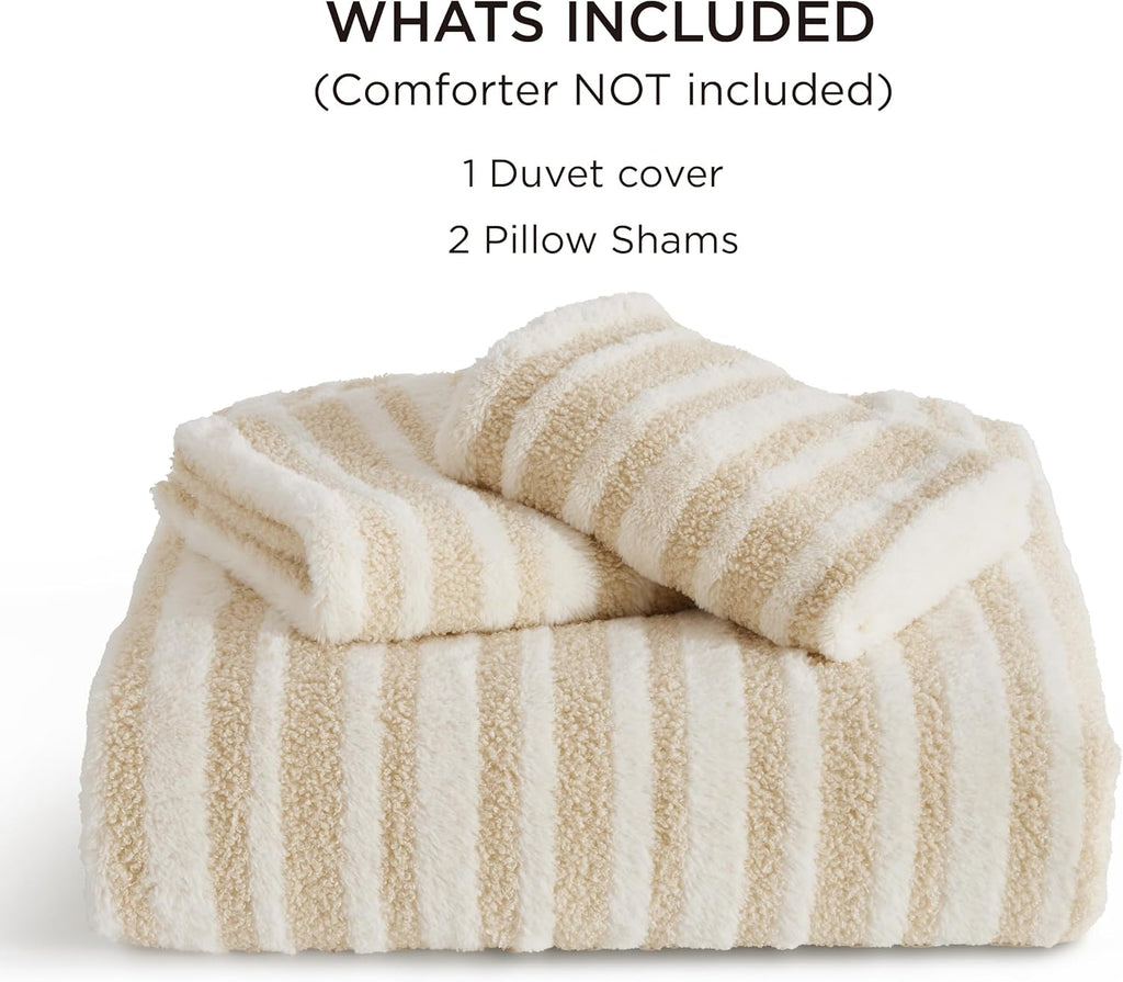 Bedsure Sherpa Fleece Duvet Cover Set - Ultra Soft Plush Shaggy Fluffy Comforter Cover Queen Size, Warm Flannel Fleece Bed Sets for Winter, 1 Duvet Cover & 2 Pillow Shams, Striped Pattern, Beige - Grand Goldman