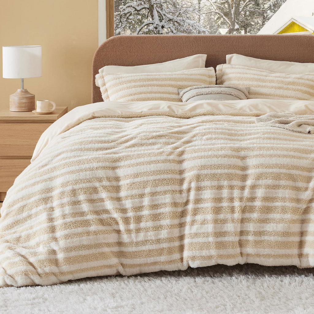 Bedsure Sherpa Fleece Duvet Cover Set - Ultra Soft Plush Shaggy Fluffy Comforter Cover Queen Size, Warm Flannel Fleece Bed Sets for Winter, 1 Duvet Cover & 2 Pillow Shams, Striped Pattern, Beige - Grand Goldman