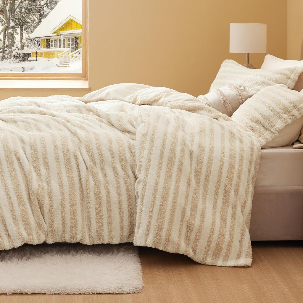 Bedsure Sherpa Fleece Duvet Cover Set - Ultra Soft Plush Shaggy Fluffy Comforter Cover Queen Size, Warm Flannel Fleece Bed Sets for Winter, 1 Duvet Cover & 2 Pillow Shams, Striped Pattern, Beige - Grand Goldman