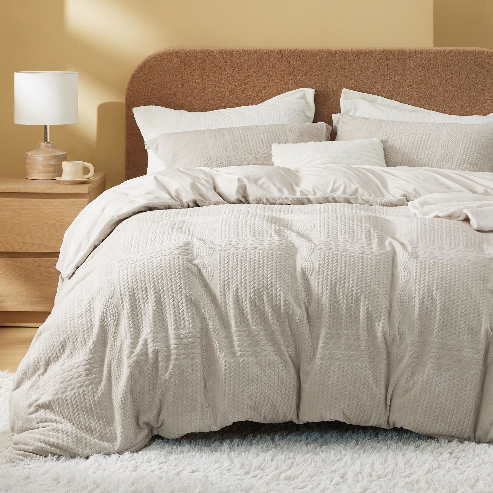 Bedsure Sherpa Fleece Duvet Cover Set - Ultra Soft Plush Shaggy Fluffy Comforter Cover Queen Size, Warm Flannel Fleece Bed Sets for Winter, 1 Duvet Cover & 2 Pillow Shams, Striped Pattern, Beige - Grand Goldman