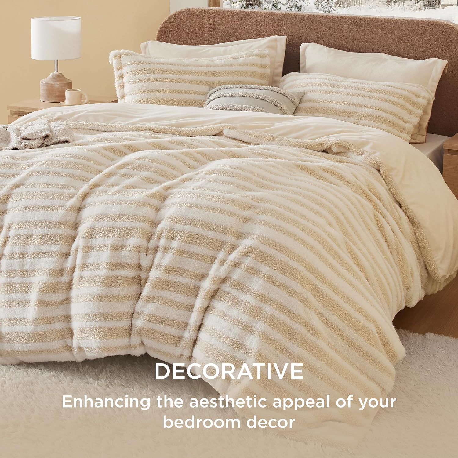 Bedsure Sherpa Fleece Duvet Cover Set - Ultra Soft Plush Shaggy Fluffy Comforter Cover Queen Size, Warm Flannel Fleece Bed Sets for Winter, 1 Duvet Cover & 2 Pillow Shams, Striped Pattern, Beige - Grand Goldman