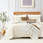 Beige Queen Size Quilt Bedding Sets with Pillow Shams, Lightweight Soft Bedspread Coverlet, Quilted Blanket Thin Comforter Bed Cover, All Season Summer Spring, 3 Pieces, 90x90 inches, Tan Cream - Grand Goldman