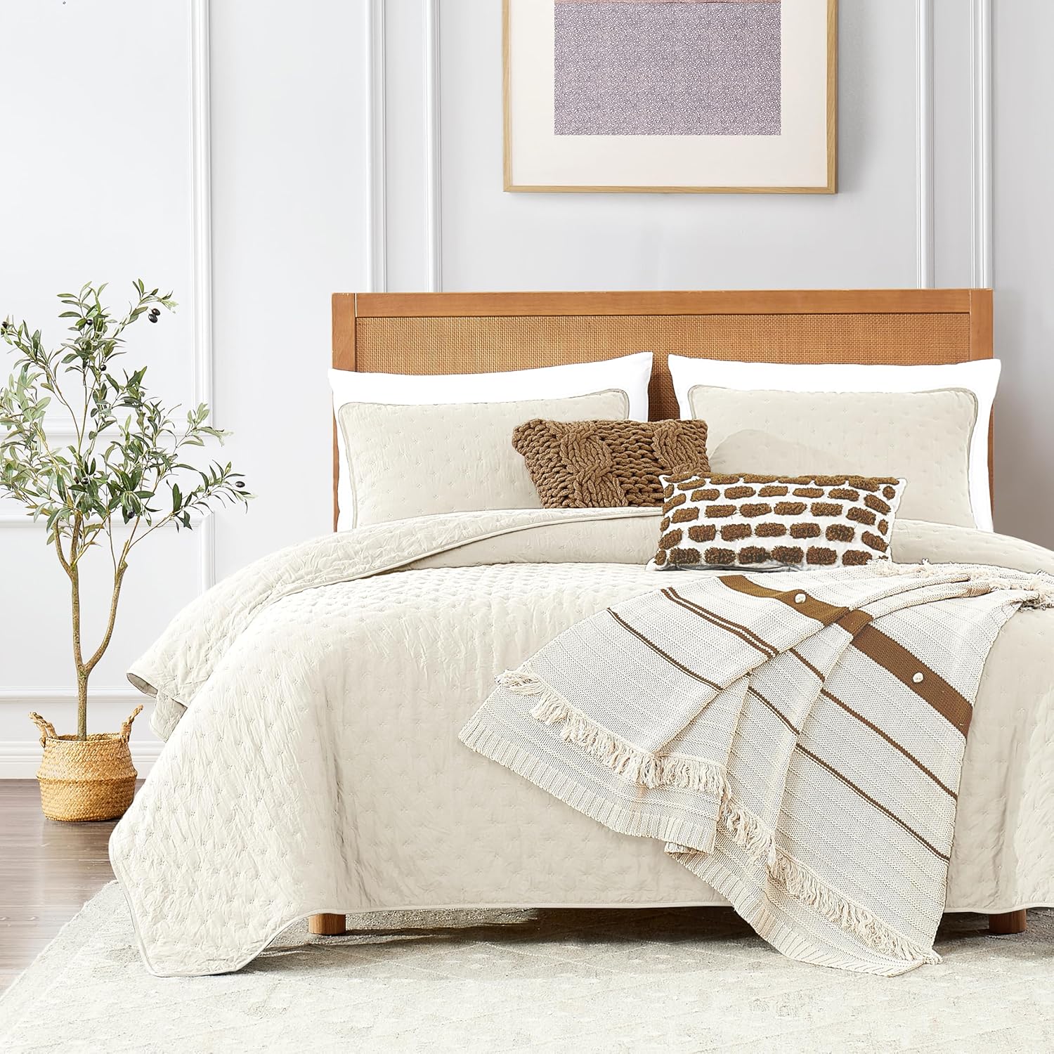 Beige Queen Size Quilt Bedding Sets with Pillow Shams, Lightweight Soft Bedspread Coverlet, Quilted Blanket Thin Comforter Bed Cover, All Season Summer Spring, 3 Pieces, 90x90 inches, Tan Cream - Grand Goldman