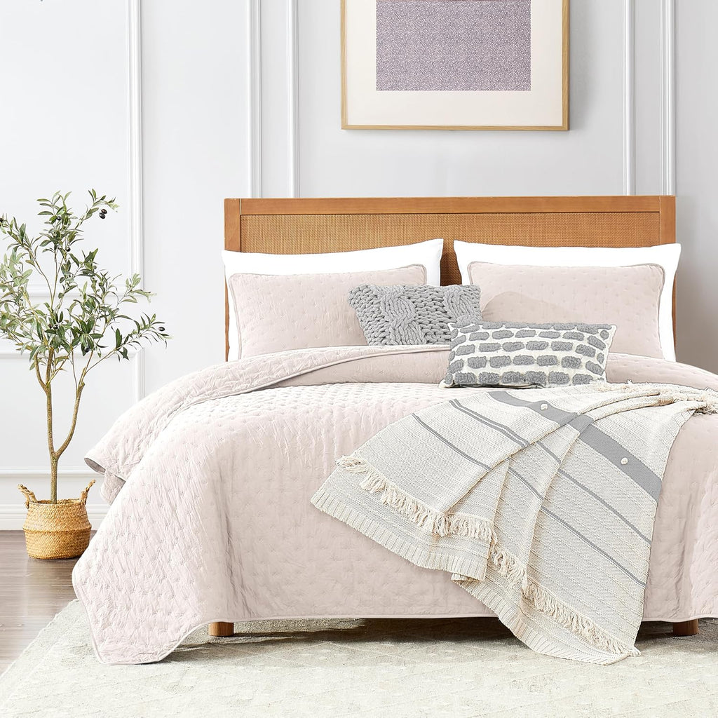 Beige Queen Size Quilt Bedding Sets with Pillow Shams, Lightweight Soft Bedspread Coverlet, Quilted Blanket Thin Comforter Bed Cover, All Season Summer Spring, 3 Pieces, 90x90 inches, Tan Cream - Grand Goldman