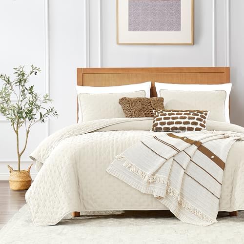 Beige Queen Size Quilt Bedding Sets with Pillow Shams, Lightweight Soft Bedspread Coverlet, Quilted Blanket Thin Comforter Bed Cover, All Season Summer Spring, 3 Pieces, 90x90 inches, Tan Cream - Grand Goldman