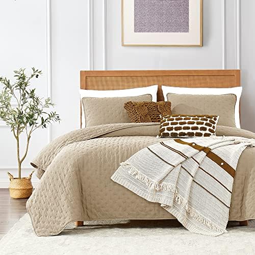 Beige Queen Size Quilt Bedding Sets with Pillow Shams, Lightweight Soft Bedspread Coverlet, Quilted Blanket Thin Comforter Bed Cover, All Season Summer Spring, 3 Pieces, 90x90 inches, Tan Cream - Grand Goldman