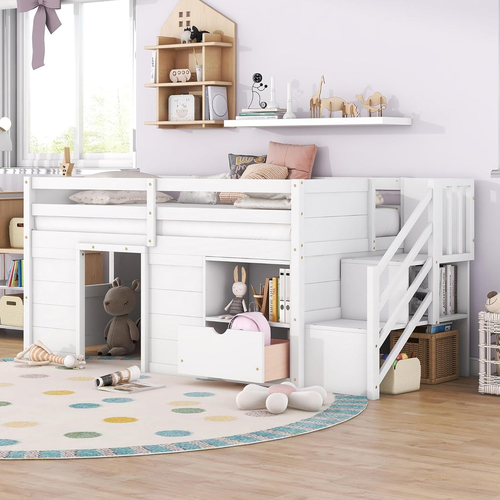 Bellemave Twin Size Low loft Bed for Kids,Wood Loft Beds,Modern Farmhouse Twin loft Bed,Loft Bed with Desk and Storage, No Box Spring Needed,for Kids,White - Grand Goldman