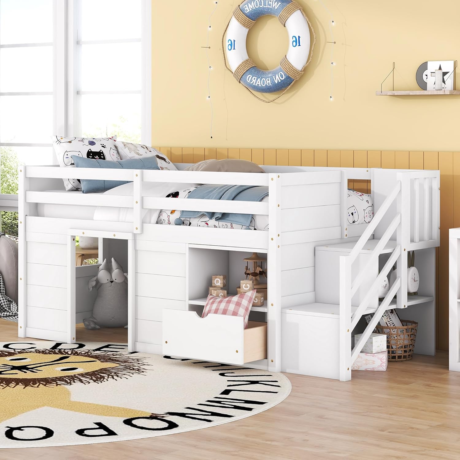 Bellemave Twin Size Low loft Bed for Kids,Wood Loft Beds,Modern Farmhouse Twin loft Bed,Loft Bed with Desk and Storage, No Box Spring Needed,for Kids,White - Grand Goldman