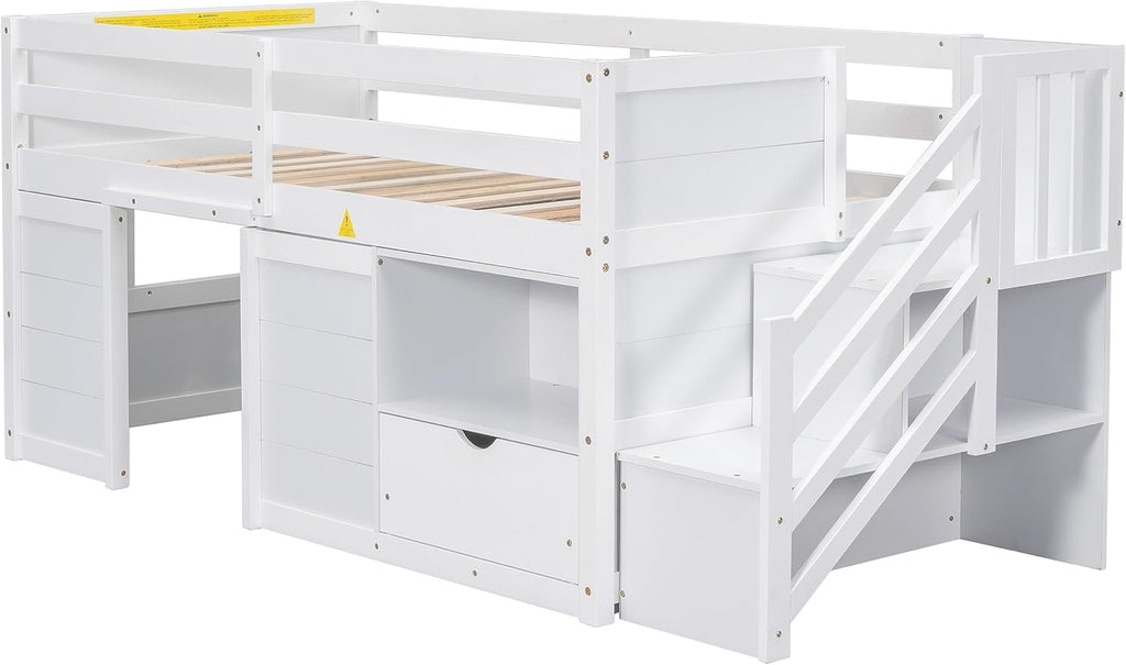 Bellemave Twin Size Low loft Bed for Kids,Wood Loft Beds,Modern Farmhouse Twin loft Bed,Loft Bed with Desk and Storage, No Box Spring Needed,for Kids,White - Grand Goldman