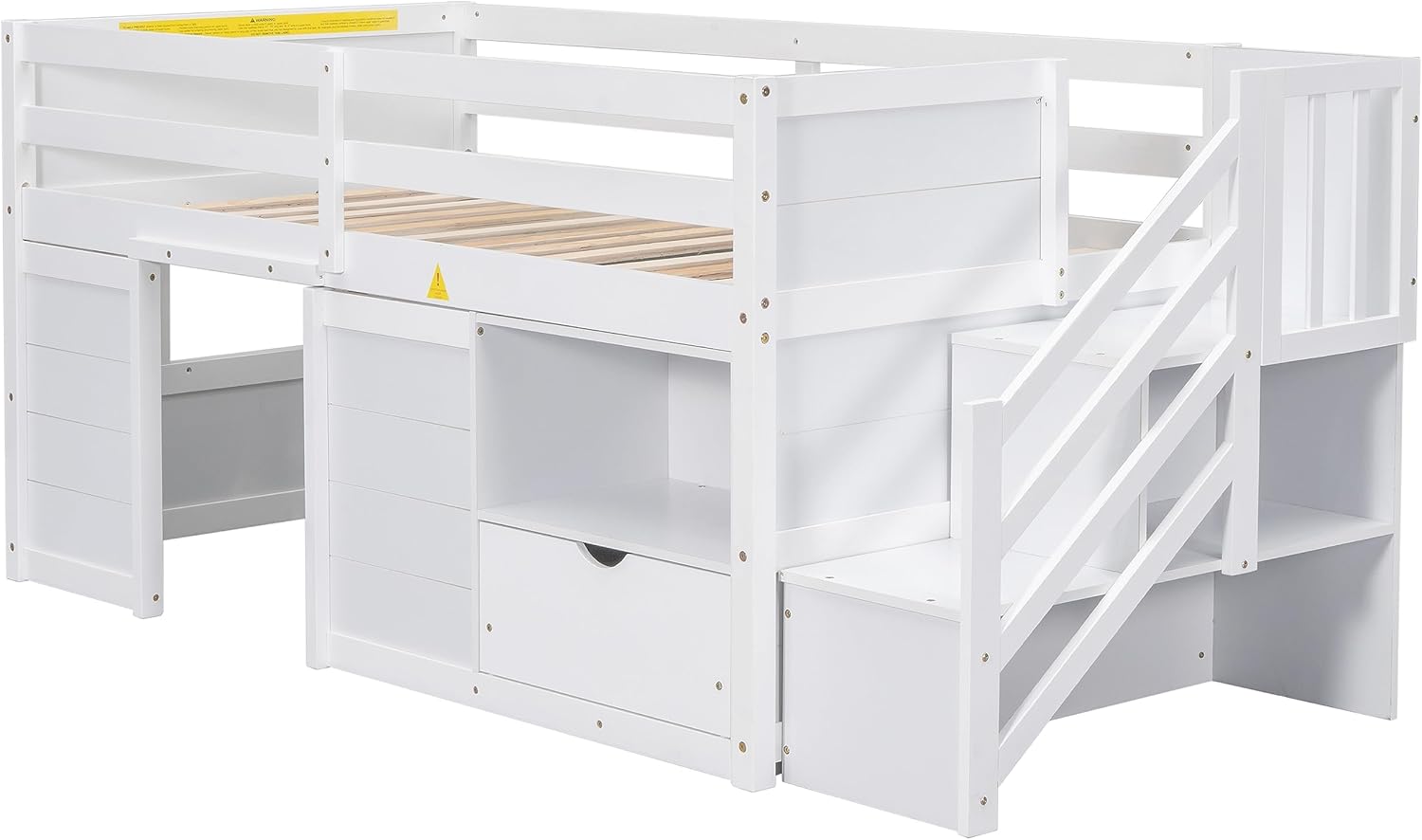 Bellemave Twin Size Low loft Bed for Kids,Wood Loft Beds,Modern Farmhouse Twin loft Bed,Loft Bed with Desk and Storage, No Box Spring Needed,for Kids,White - Grand Goldman