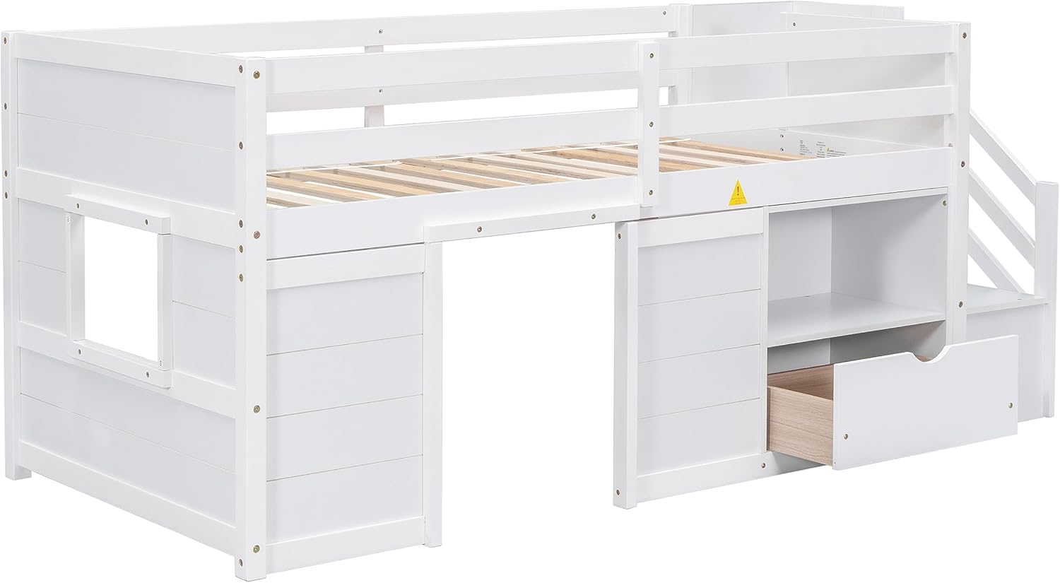 Bellemave Twin Size Low loft Bed for Kids,Wood Loft Beds,Modern Farmhouse Twin loft Bed,Loft Bed with Desk and Storage, No Box Spring Needed,for Kids,White - Grand Goldman
