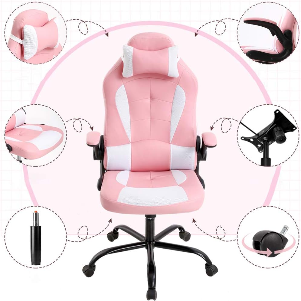 BestOffice PC Gaming Chair Ergonomic Office Chair Desk Chair with Lumbar Support Flip Up Arms Headrest PU Leather Executive High Back Computer Chair for Adults Women Men (White) - Grand Goldman