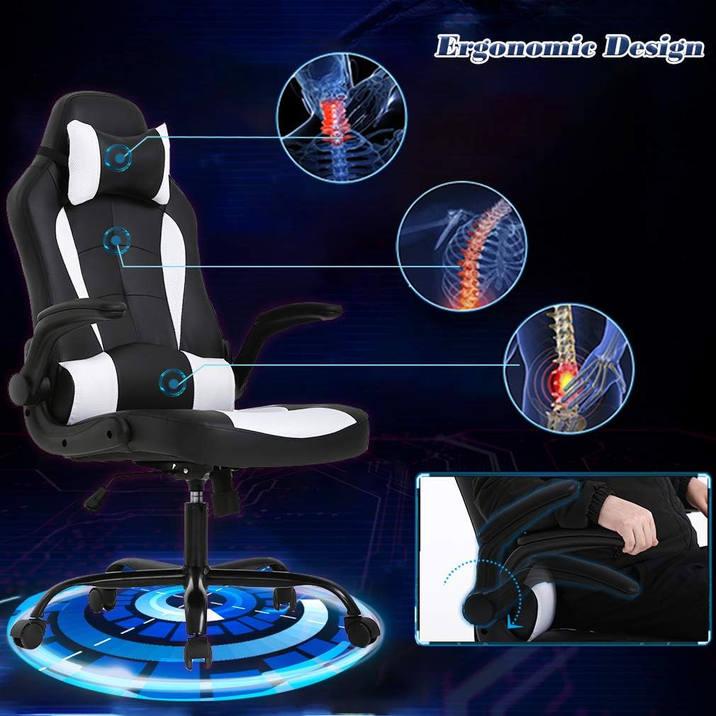 BestOffice PC Gaming Chair Ergonomic Office Chair Desk Chair with Lumbar Support Flip Up Arms Headrest PU Leather Executive High Back Computer Chair for Adults Women Men (White) - Grand Goldman