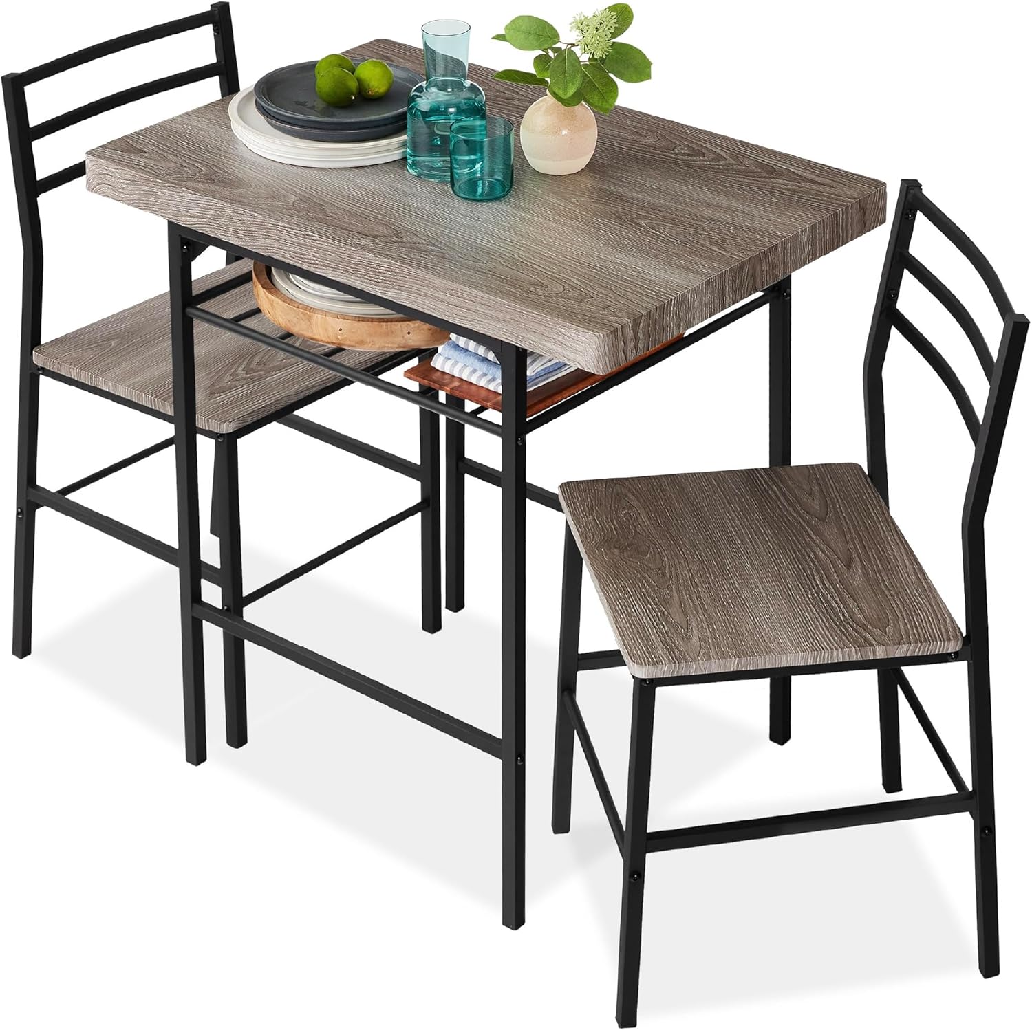 Best Choice Products 3-Piece Modern Dining Set, Space Saving Dinette for Kitchen, Dining Room, Small Space w/Steel Frame, Built-in Storage Rack - Brown - Grand Goldman