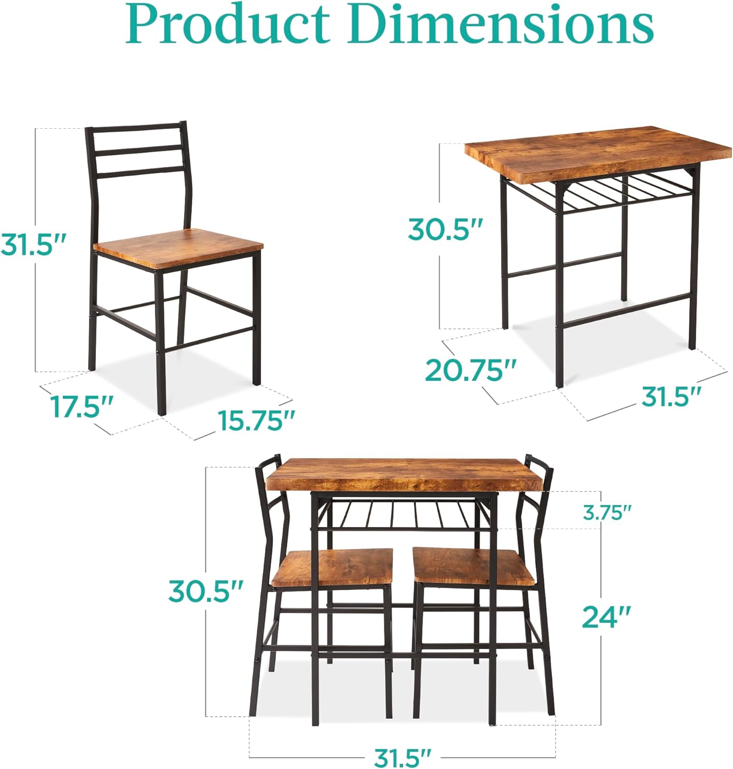 Best Choice Products 3-Piece Modern Dining Set, Space Saving Dinette for Kitchen, Dining Room, Small Space w/Steel Frame, Built-in Storage Rack - Brown - Grand Goldman