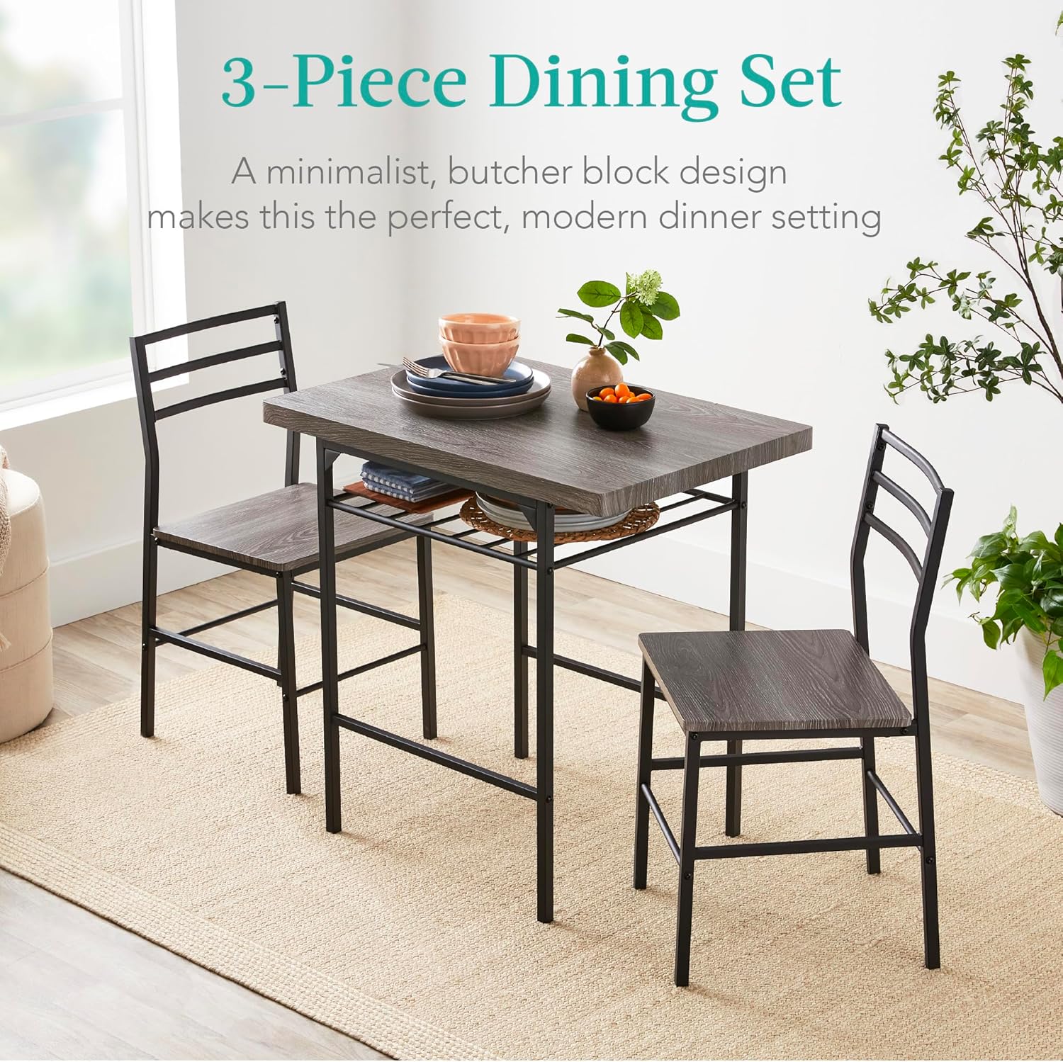 Best Choice Products 3-Piece Modern Dining Set, Space Saving Dinette for Kitchen, Dining Room, Small Space w/Steel Frame, Built-in Storage Rack - Brown - Grand Goldman