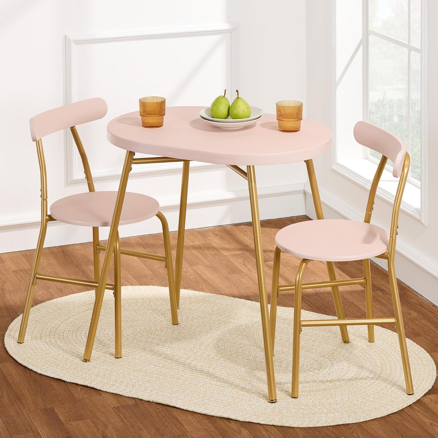 Best Choice Products 3-Piece Modern Oval Dining Table Set, Small Kitchen Dinette w/ 2 Chairs, Metal Frame, Curved Backrests - Pink/Gold - Grand Goldman