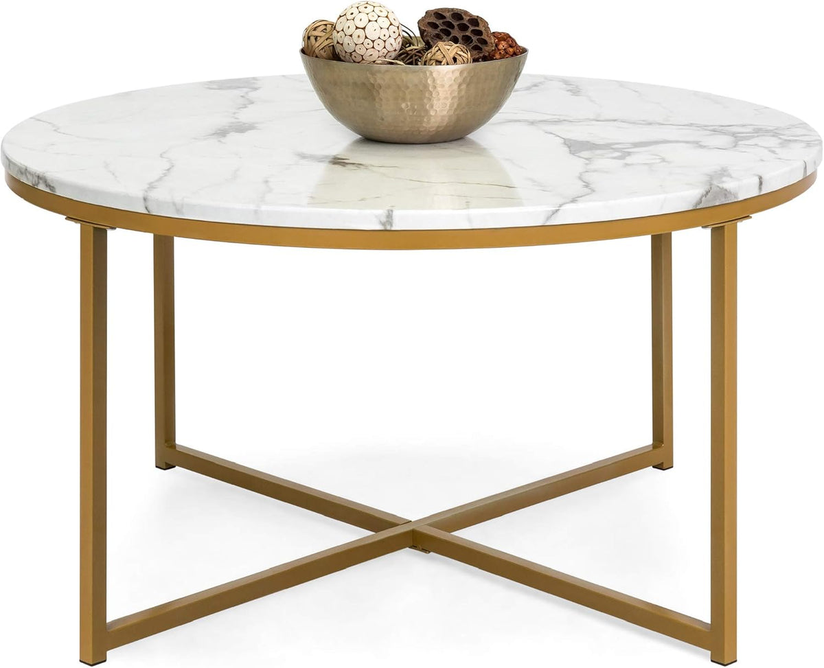 Best Choice Products 36in Faux Marble Accent Table, Modern End Table, Large Coffee Table Home Decor for Living Room, Dining Room, Tea, Coffee w/Metal Frame, Foot Caps, Designer - White/Gold - Grand Goldman