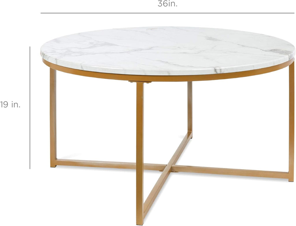 Best Choice Products 36in Faux Marble Accent Table, Modern End Table, Large Coffee Table Home Decor for Living Room, Dining Room, Tea, Coffee w/Metal Frame, Foot Caps, Designer - White/Gold - Grand Goldman