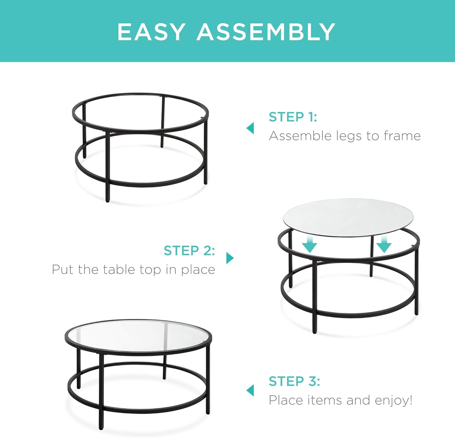 Best Choice Products 36in Modern Round Tempered Glass Accent Side Coffee Table for Living Room, Dining Room, Tea, Home Décor w/Metal Frame, Non-Marring Foot Caps - Black - Grand Goldman