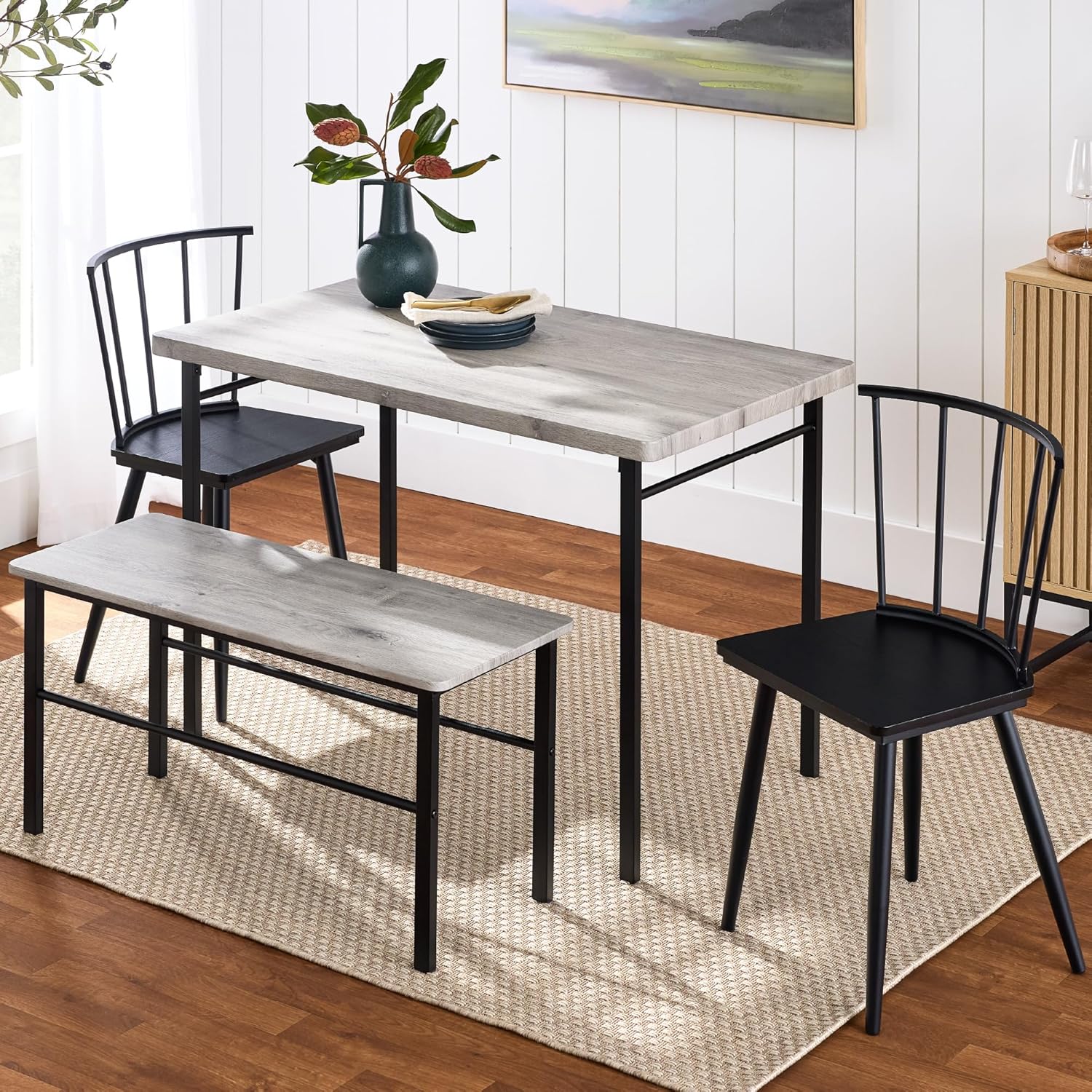 Best Choice Products 4-Piece Farmhouse Dining Kitchen Table Set, Space Saving Wooden Dinette w/ 2 Black Spindle Back Chairs, Bench - Gray - Grand Goldman
