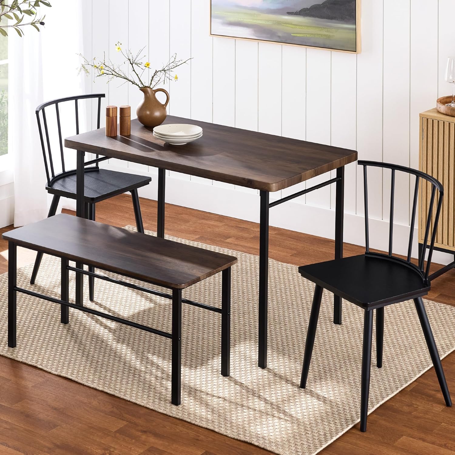 Best Choice Products 4-Piece Farmhouse Dining Kitchen Table Set, Space Saving Wooden Dinette w/ 2 Black Spindle Back Chairs, Bench - Gray - Grand Goldman