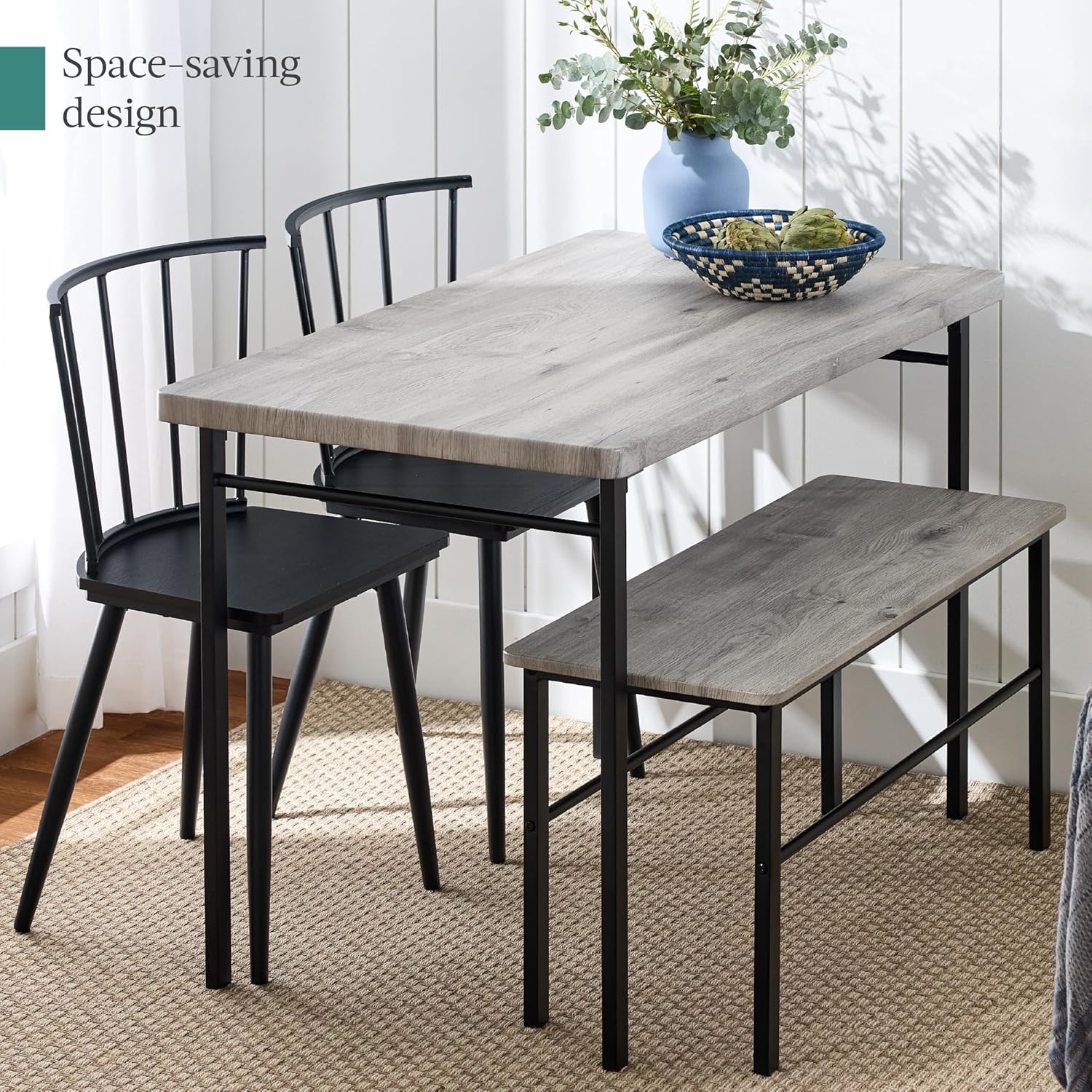 Best Choice Products 4-Piece Farmhouse Dining Kitchen Table Set, Space Saving Wooden Dinette w/ 2 Black Spindle Back Chairs, Bench - Gray - Grand Goldman