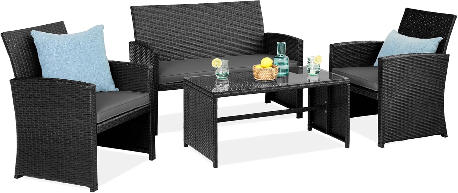 Best Choice Products 4-Piece Outdoor Wicker Patio Conversation Furniture Set for Backyard w/Coffee Table, Seat Cushions - Gray/Gray - Grand Goldman