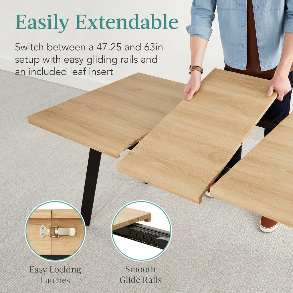 Best Choice Products Extendable Dining Table 47 to 63in Modern Large Expanding Kitchen Table up to 6 People w/Leaf Extension, 2 Locks, 132lb Capacity - Natural Oak - Grand Goldman