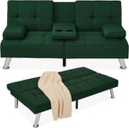 Best Choice Products Linen Modern Folding Futon, Reclining Sofa Bed for Apartment, Dorm w/Removable Armrests, 2 Cupholders - Gray - Grand Goldman