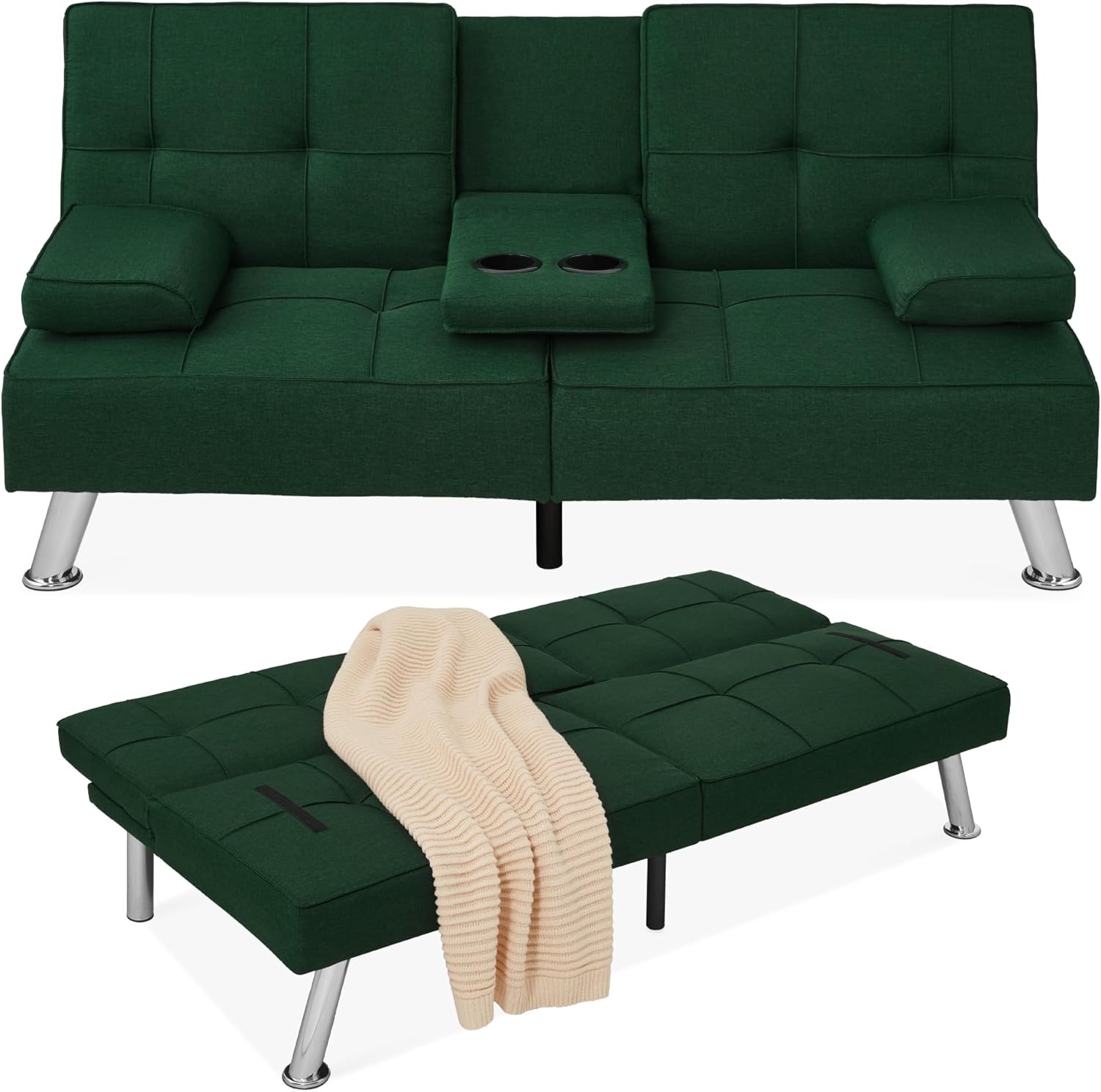 Best Choice Products Linen Modern Folding Futon, Reclining Sofa Bed for Apartment, Dorm w/Removable Armrests, 2 Cupholders - Gray - Grand Goldman