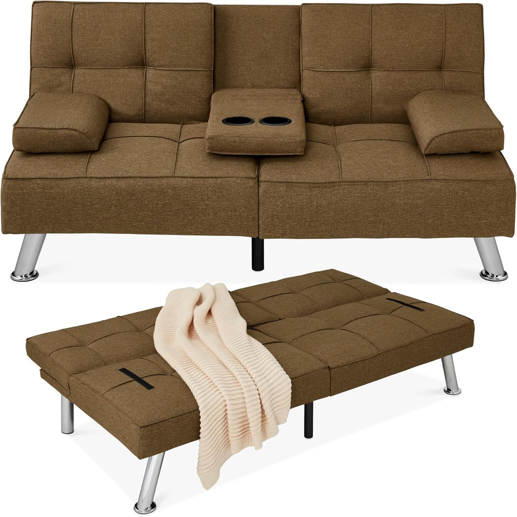 Best Choice Products Linen Modern Folding Futon, Reclining Sofa Bed for Apartment, Dorm w/Removable Armrests, 2 Cupholders - Gray - Grand Goldman