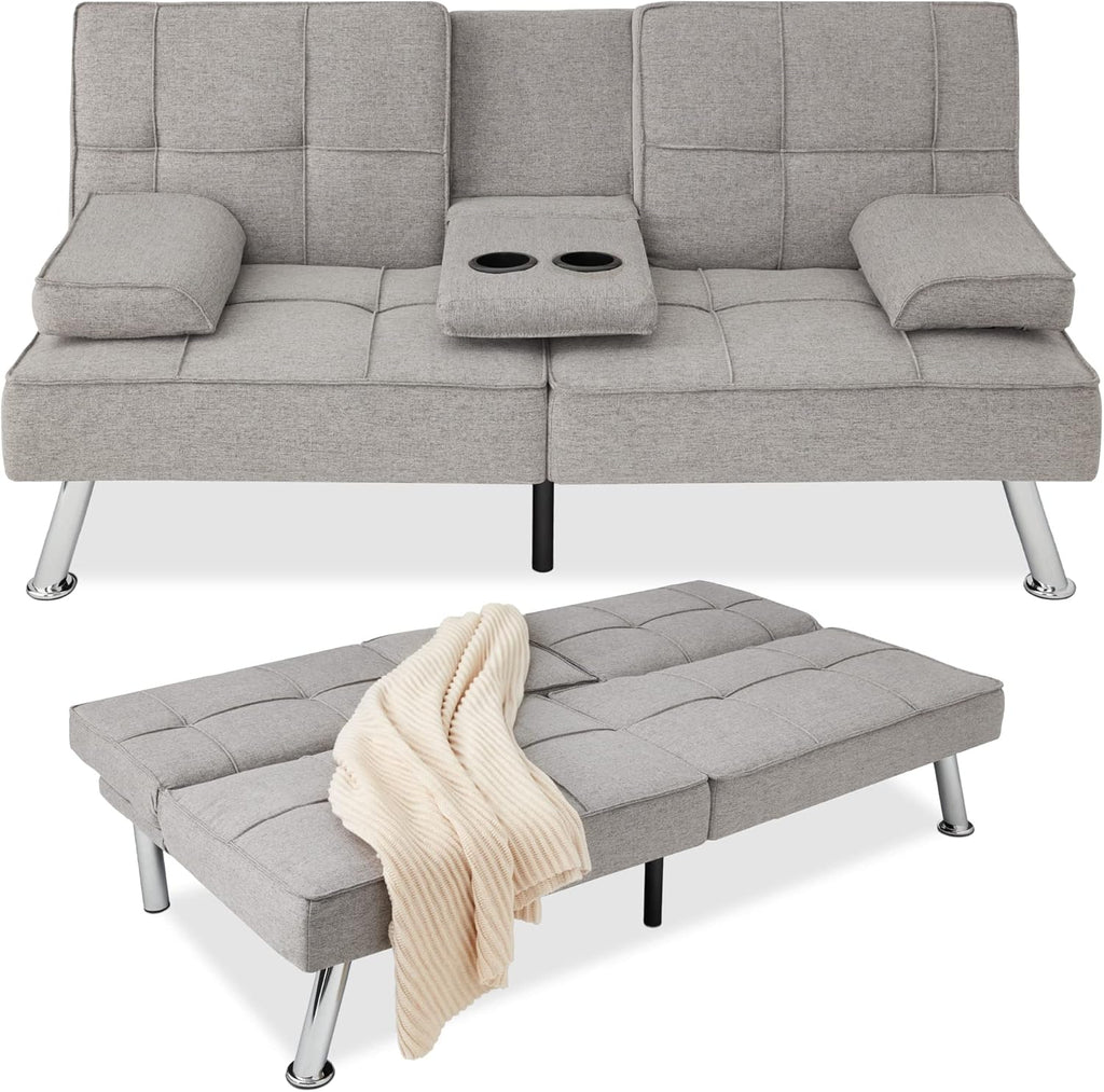 Best Choice Products Linen Modern Folding Futon, Reclining Sofa Bed for Apartment, Dorm w/Removable Armrests, 2 Cupholders - Gray - Grand Goldman