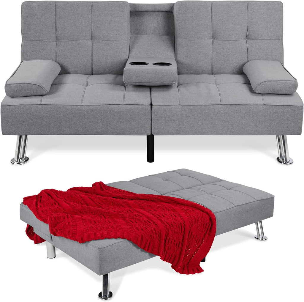 Best Choice Products Linen Modern Folding Futon, Reclining Sofa Bed for Apartment, Dorm w/Removable Armrests, 2 Cupholders - Gray - Grand Goldman