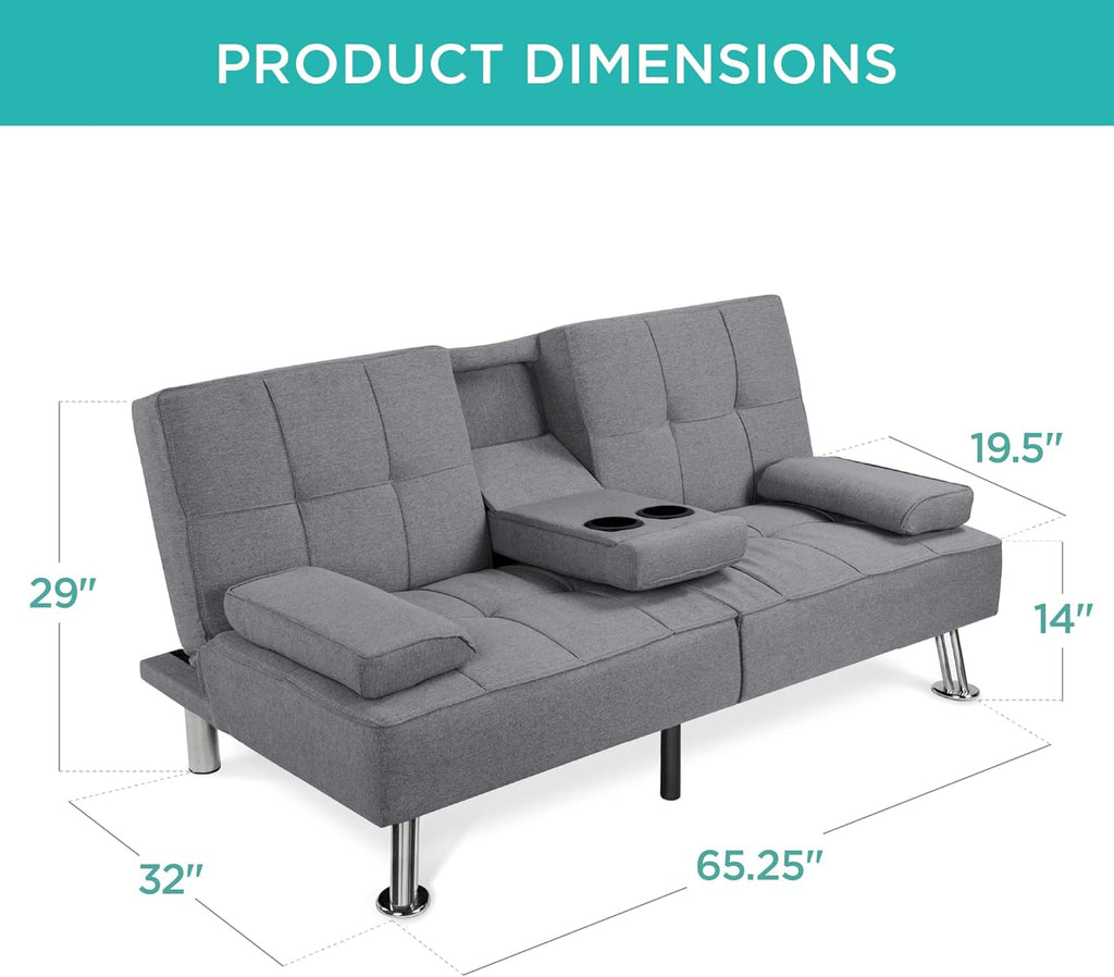 Best Choice Products Linen Modern Folding Futon, Reclining Sofa Bed for Apartment, Dorm w/Removable Armrests, 2 Cupholders - Gray - Grand Goldman