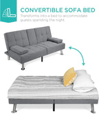 Best Choice Products Linen Modern Folding Futon, Reclining Sofa Bed for Apartment, Dorm w/Removable Armrests, 2 Cupholders - Gray - Grand Goldman