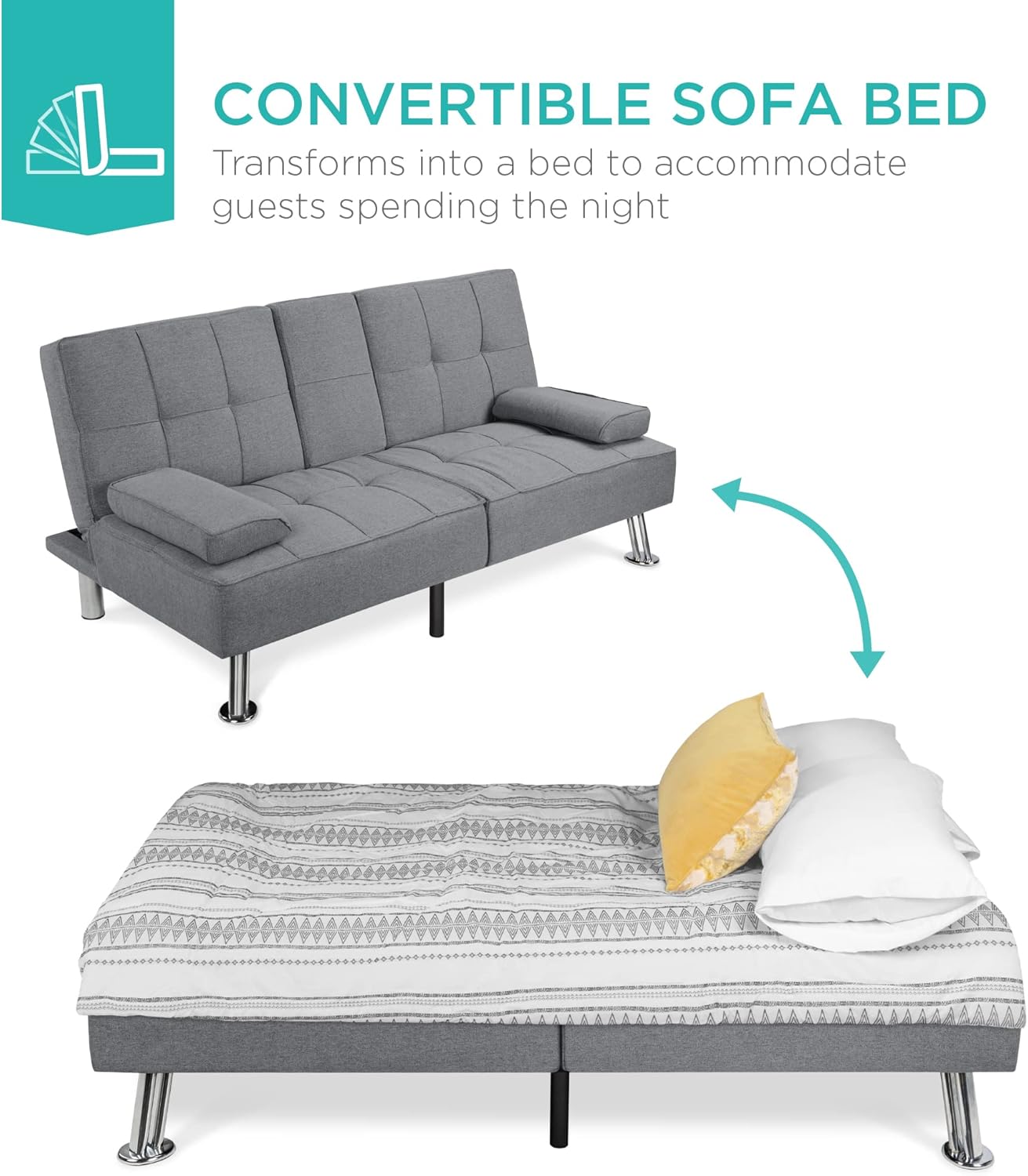 Best Choice Products Linen Modern Folding Futon, Reclining Sofa Bed for Apartment, Dorm w/Removable Armrests, 2 Cupholders - Gray - Grand Goldman