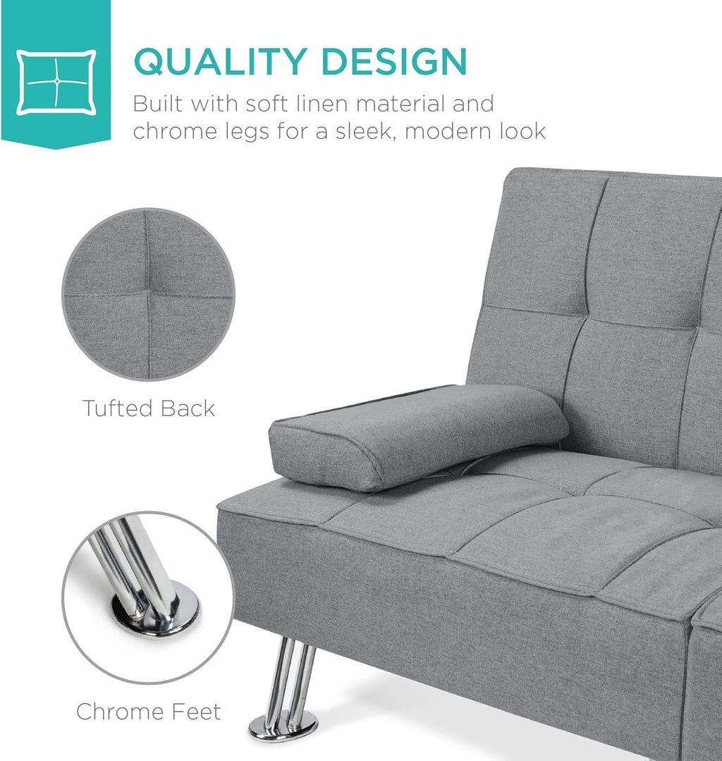 Best Choice Products Linen Modern Folding Futon, Reclining Sofa Bed for Apartment, Dorm w/Removable Armrests, 2 Cupholders - Gray - Grand Goldman