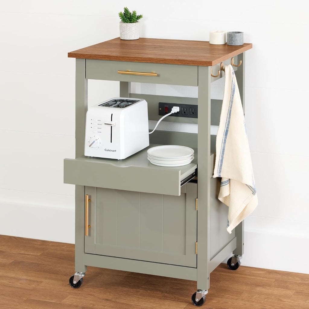 Best Choice Products Rolling Kitchen Island Cart, Single Door Cabinet w/Drawer, Sliding Tray, Hidden Outlet, Hooks, & Lockable Wheels - Olive Green - Grand Goldman