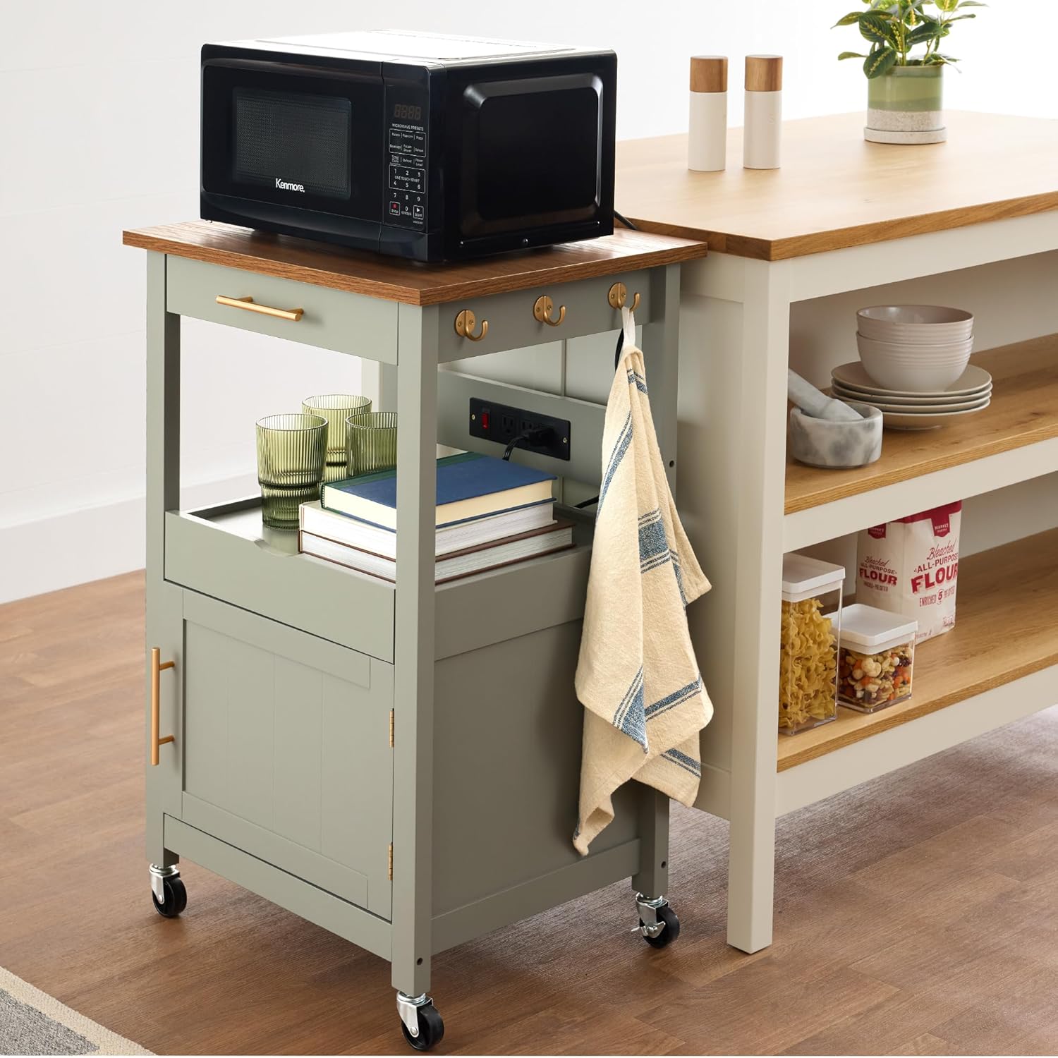 Best Choice Products Rolling Kitchen Island Cart, Single Door Cabinet w/Drawer, Sliding Tray, Hidden Outlet, Hooks, & Lockable Wheels - Olive Green - Grand Goldman
