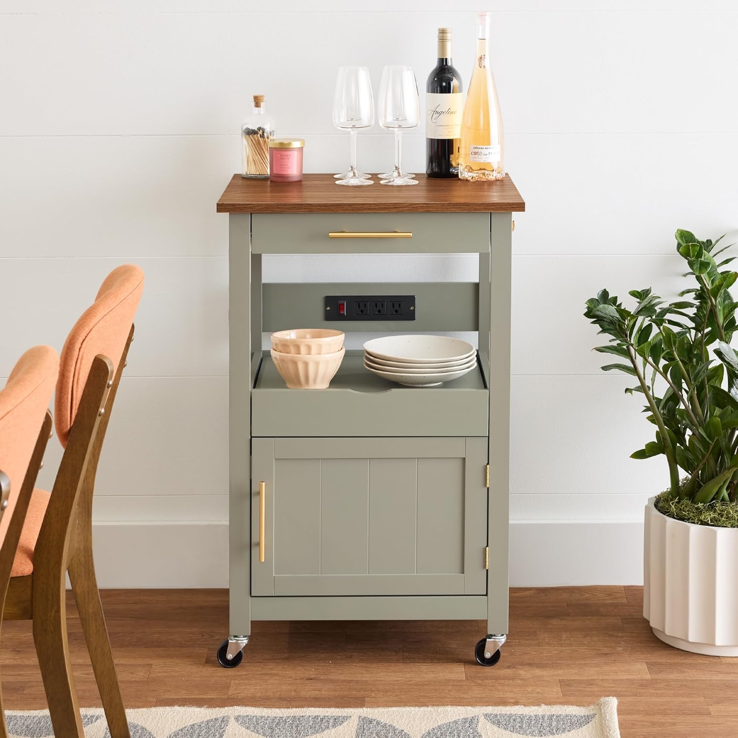 Best Choice Products Rolling Kitchen Island Cart, Single Door Cabinet w/Drawer, Sliding Tray, Hidden Outlet, Hooks, & Lockable Wheels - Olive Green - Grand Goldman