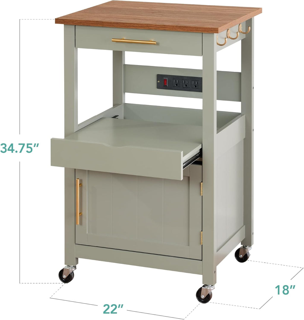Best Choice Products Rolling Kitchen Island Cart, Single Door Cabinet w/Drawer, Sliding Tray, Hidden Outlet, Hooks, & Lockable Wheels - Olive Green - Grand Goldman