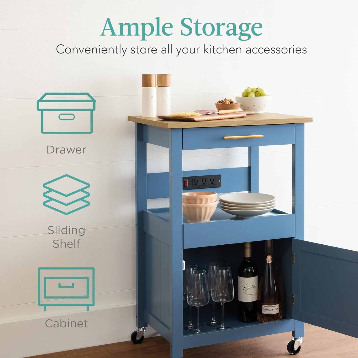 Best Choice Products Rolling Kitchen Island Cart, Single Door Cabinet w/Drawer, Sliding Tray, Hidden Outlet, Hooks, & Lockable Wheels - Olive Green - Grand Goldman