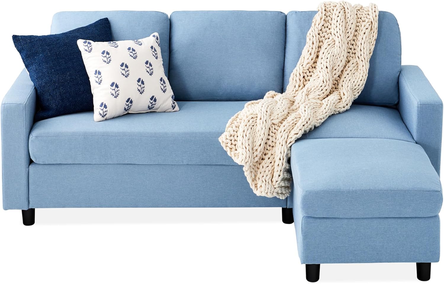 Best Choice Products Upholstered Sectional Sofa for Home, Apartment, Dorm, Bonus Room, Compact Spaces w/Chaise Lounge, 3-Seat, L-Shape Design, Reversible Ottoman Bench, 680lb Capacity - Blue/Gray - Grand Goldman