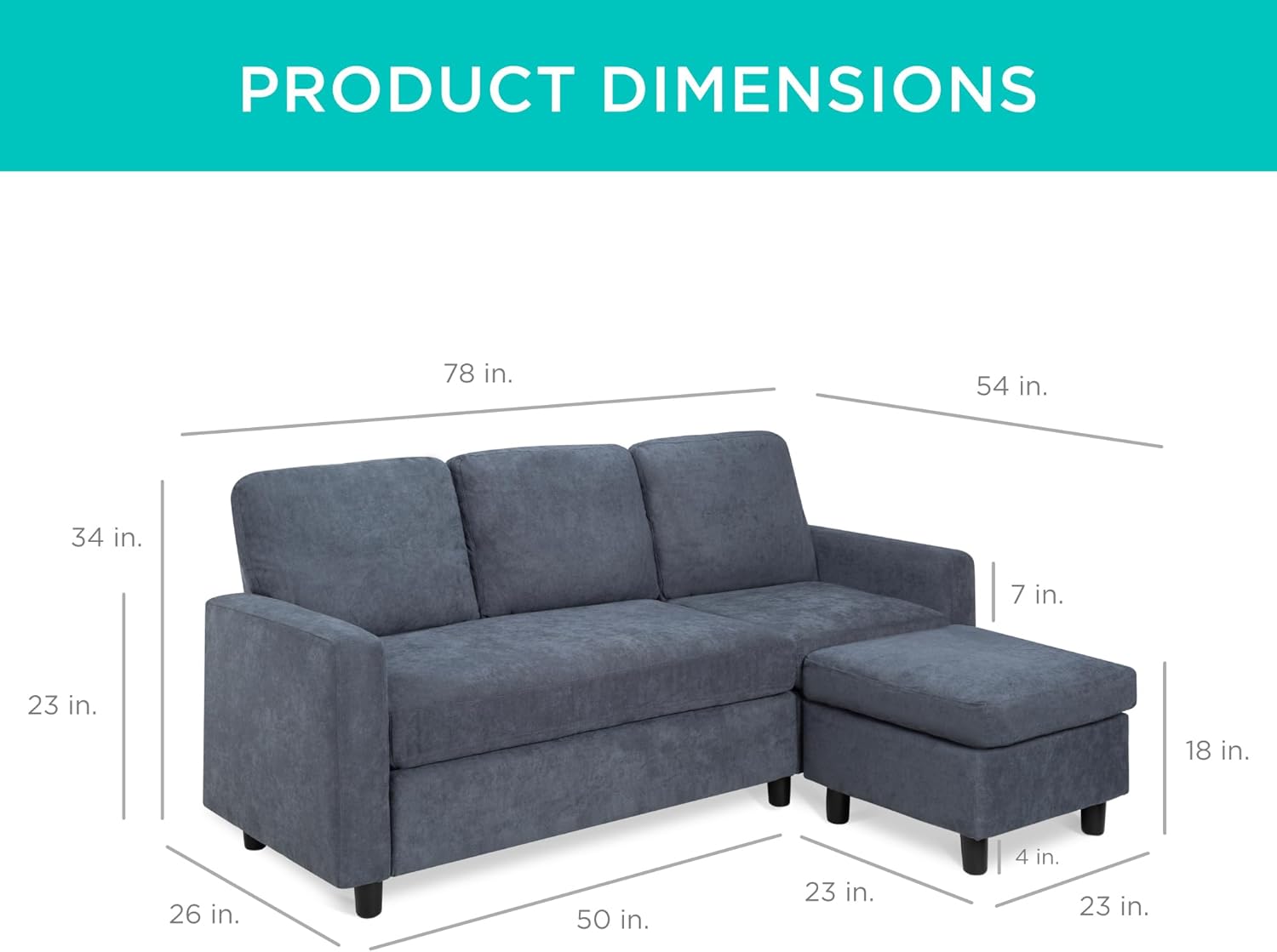 Best Choice Products Upholstered Sectional Sofa for Home, Apartment, Dorm, Bonus Room, Compact Spaces w/Chaise Lounge, 3-Seat, L-Shape Design, Reversible Ottoman Bench, 680lb Capacity - Blue/Gray - Grand Goldman