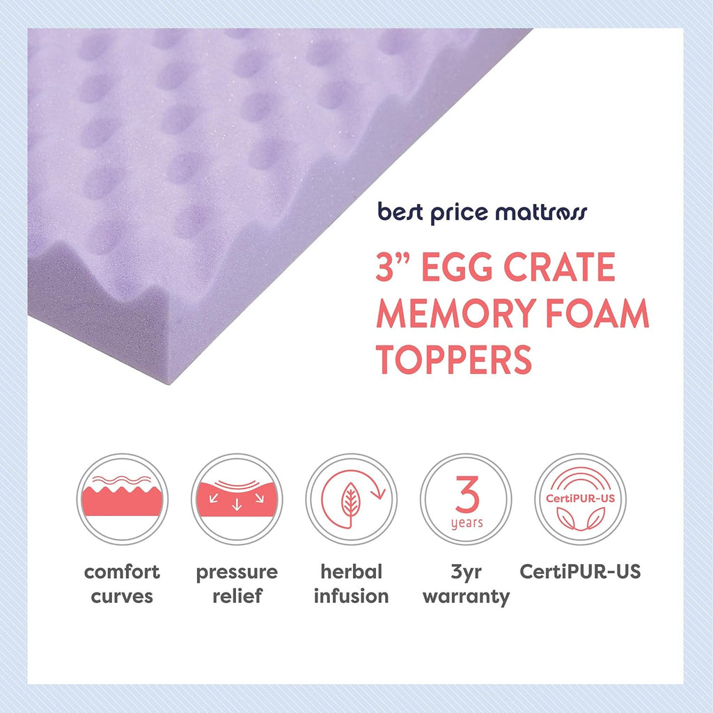 Best Price Mattress 3 Inch Egg Crate Memory Foam Mattress Topper with Soothing Lavender Infusion, CertiPUR-US Certified, Twin - Grand Goldman
