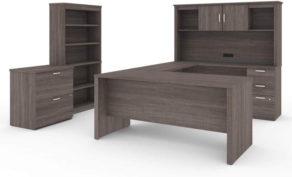 Bestar Logan U-Shaped Desk with Hutch, Lateral File Cabinet, and Bookcase in Antigua, 66W - Grand Goldman