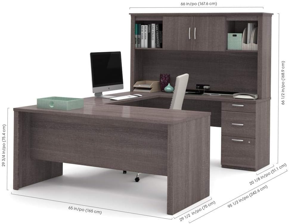 Bestar Logan U-Shaped Desk with Hutch, Lateral File Cabinet, and Bookcase in Antigua, 66W - Grand Goldman
