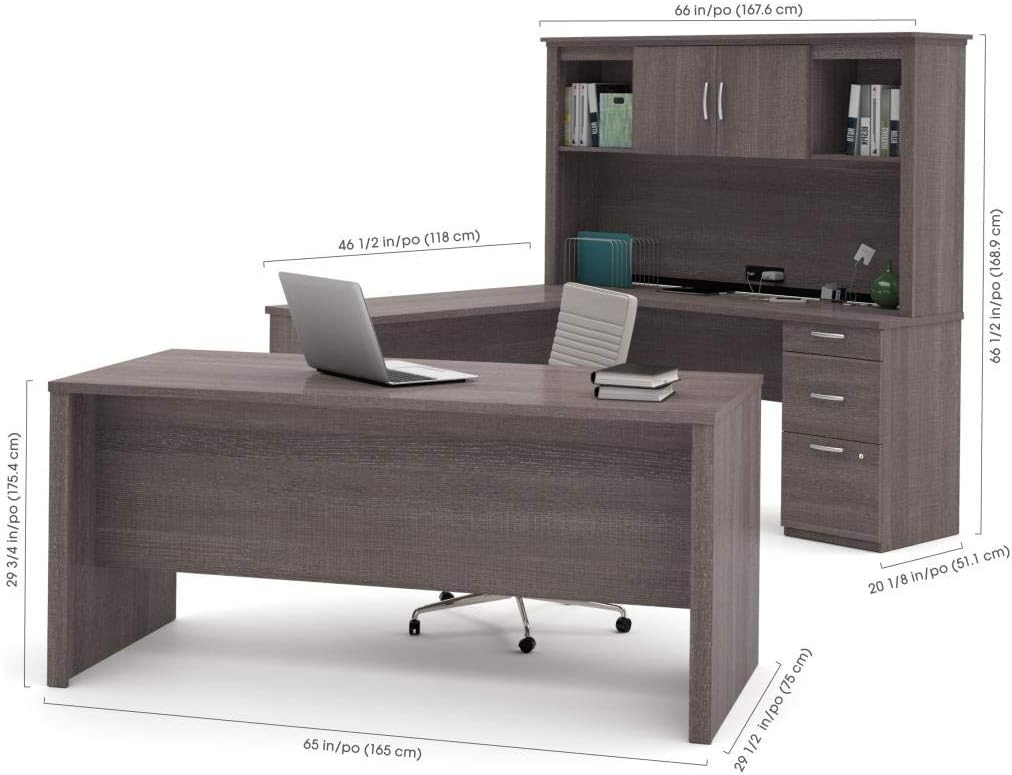Bestar Logan U-Shaped Desk with Hutch, Lateral File Cabinet, and Bookcase in Antigua, 66W - Grand Goldman