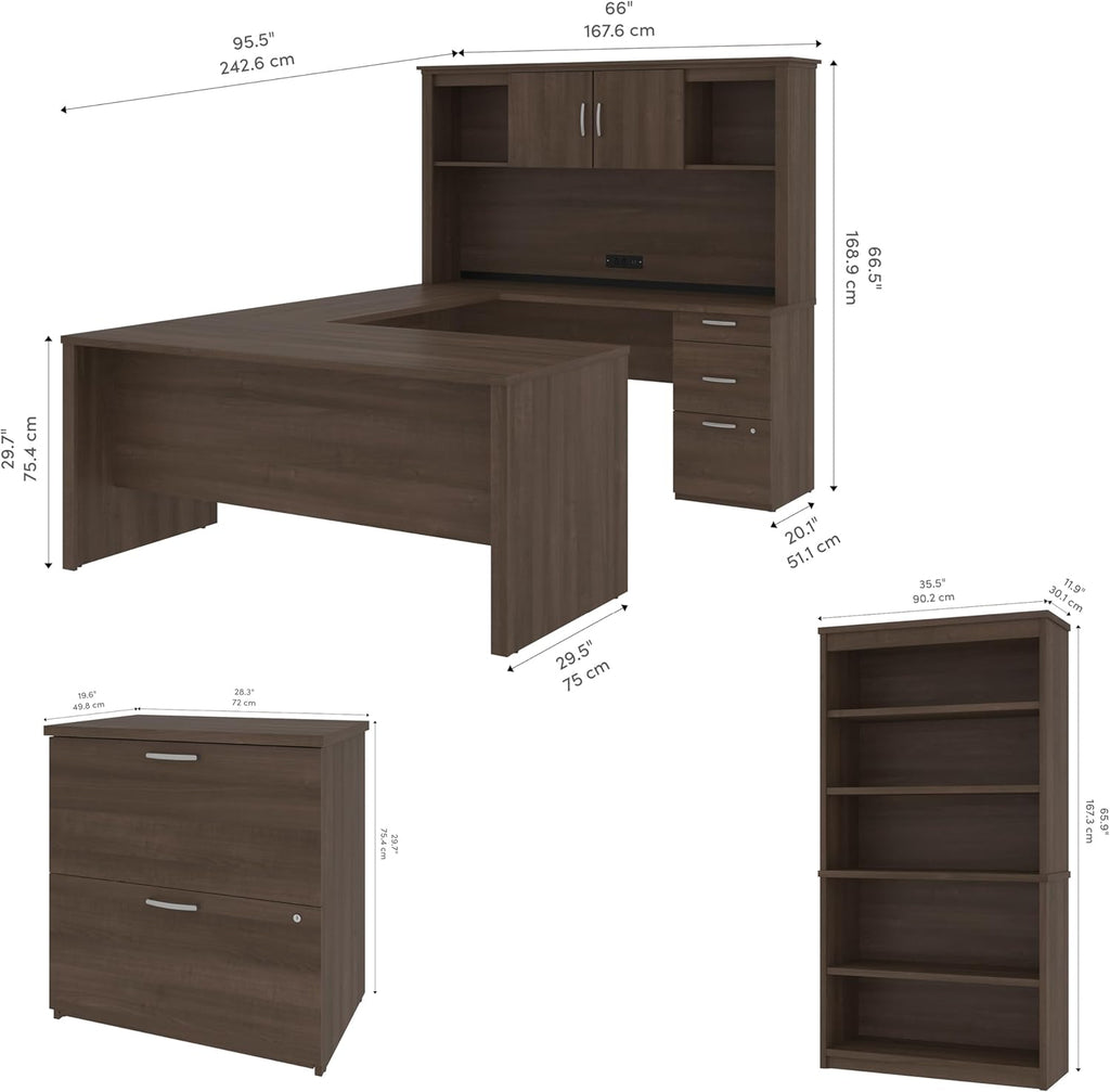 Bestar Logan U-Shaped Desk with Hutch, Lateral File Cabinet, and Bookcase in Antigua, 66W - Grand Goldman